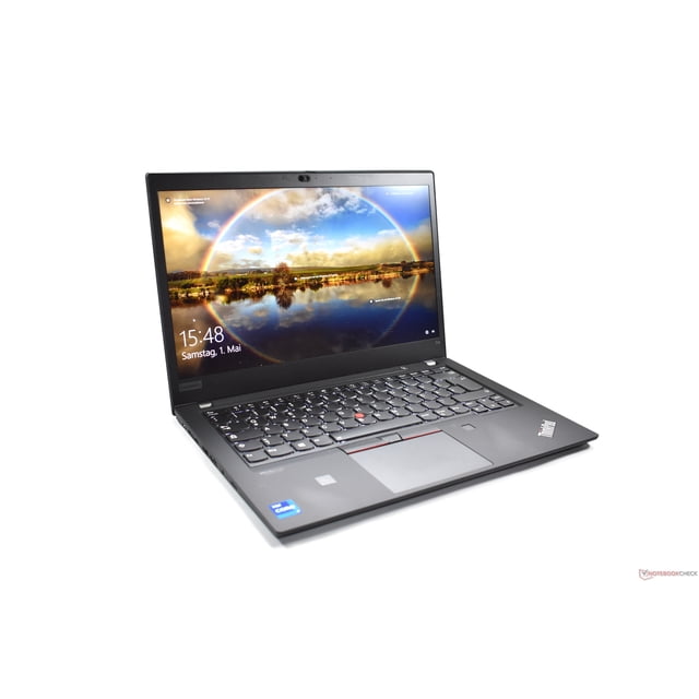 Remis à Neuf (Bon) Lenovo ThinkPad T14s Gen 2 Portable de 14 Pouces avec Processeur Intel Core i5-1145G7, SSD de 256 Go, RAM de 16 Go et Windows 11 Pro. l'Ordinateur Portable s'Affiche sous un angle, Mettant en Valeur Son Écran avec un Paysage Arc-en-Ciel Vif, Ainsi Que Son Clavier et Son Pavé Tactile dans un design Professionnel et compact.