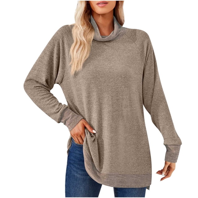 Timegard Tops for Women High Neck Long Sleeve Side Split Color Block Tshirts Fall Casual Loose Tops