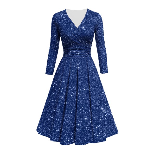Offre à Durée Limitée Iumwxz Robe à Col en V à Manches Longues pour Femmes Tunique Robe de Performance Robe à Imprimé Brillant Robes Longues pour Femmes Robe Ample et Fluide pour la Rue