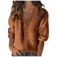 thumbnail image 1 of WUANDIXFA Lightweight Sweaters for Women Solid Color V Neck Lace Stitching Buttons Long Sleeves Sweater Brown,S, 1 of 5