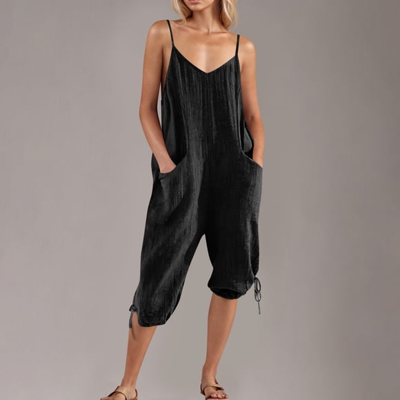 Refurbished JURANMO Women's Linen Capri Jumpsuit, Spaghetti Straps, V-Neck, Cinch Bottom, Pockets, Navy, Cropped Pant, L