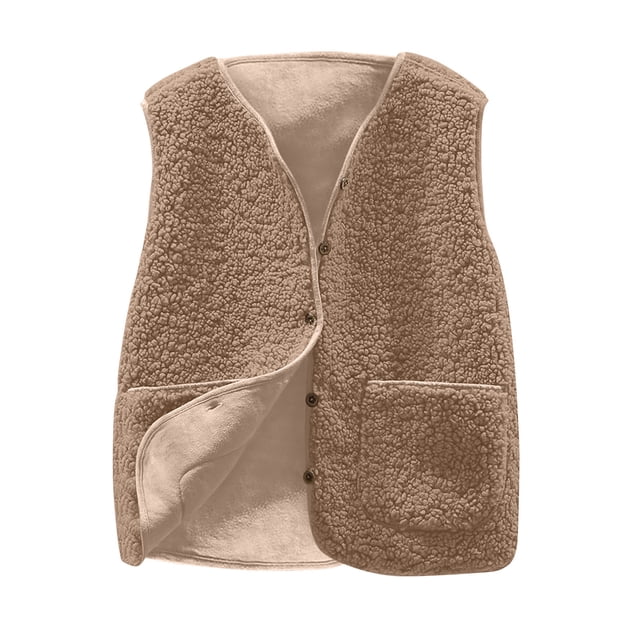 FAIWAD Womens Fleece Vest Fall Winter Warm Sleeveless Button Down Waistcoat Solid Color Loose Vest Coat