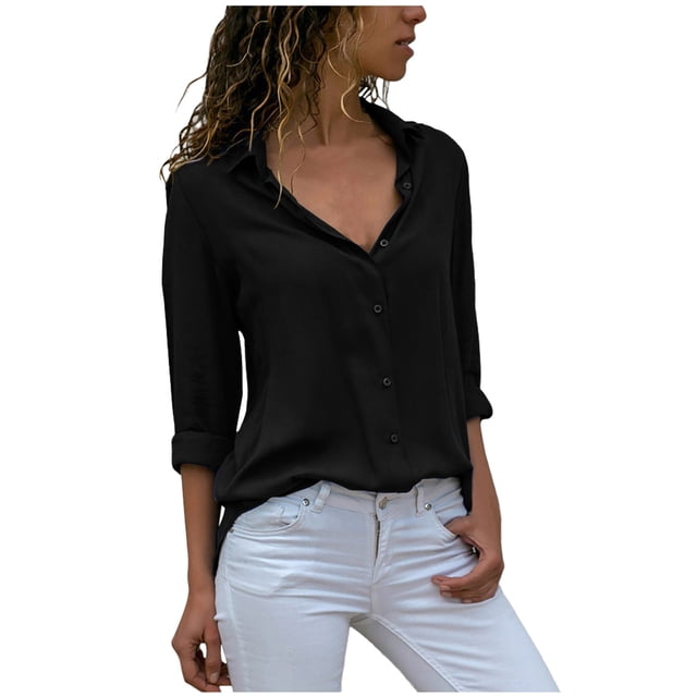 Timegard Button down Shirts for Women Plus Size Chiffon Lapel Neck Long Sleeve Tops Work Office Blouse