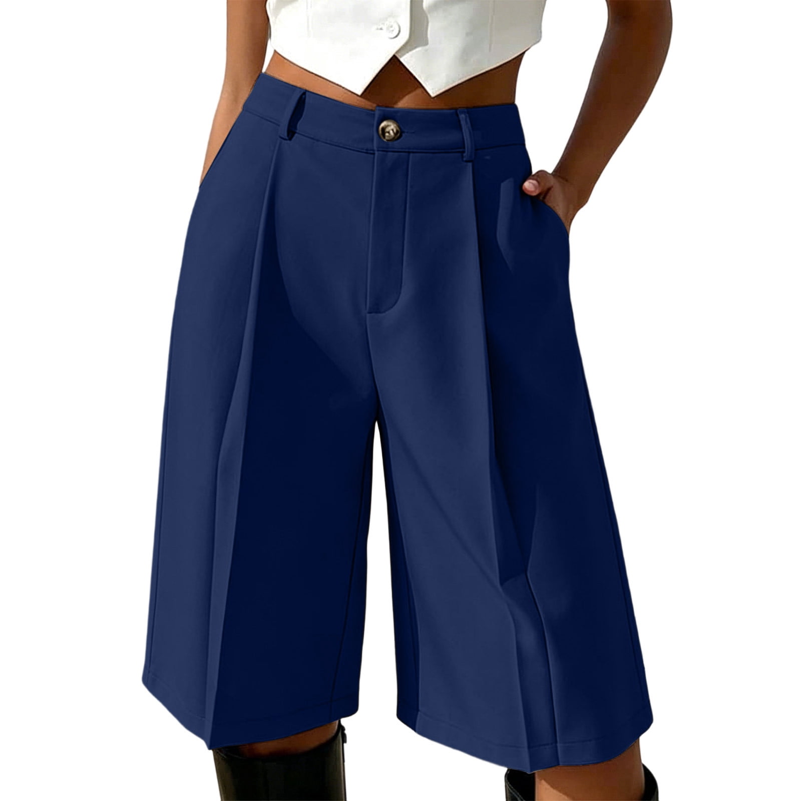 BLVB Bermuda Shorts for Women Knee Length Pleated High Waist Wide