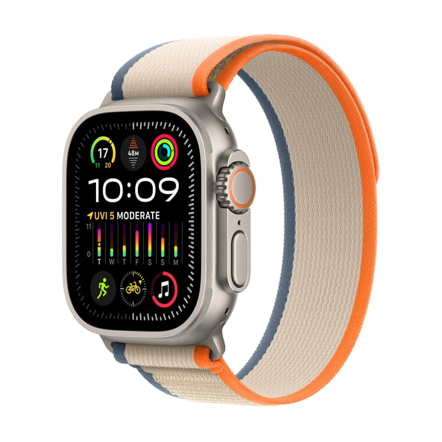 Apple Watch Ultra 2 (GPS + Cellulaire) Boucle Trail Orange - Moyen/grand avec un Boîtier en Titane Résistant à la Corrosion de 49 mm, un Écran Lumineux Affichant l'Heure, des Bagues d'Activité, l'Indice UV et des Icônes d'Entraînement. le Bracelet en Tissu Tissé beige Présente des Bords Orange et Bleus, Conçu pour l'Extérieur et l'Endurance.