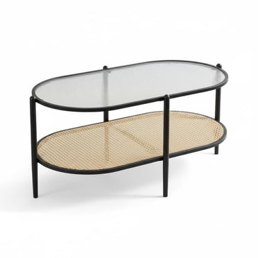 Garvee Table Basse Ovale en Rotin à 2 Niveaux 37.4 x 19.6 x 18.1 Pouces, avec Rangement, Noir