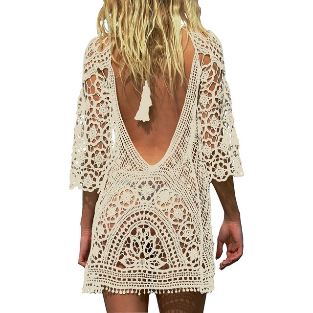 FFIY Paréo de Maillot de Bain pour Femme en Crochet Dentelle, Robe de Bikini Exposée dans une Vue Arrière. Présente un design Aguichant Dos Nu, Manches Longues et des Motifs Floraux Détaillés en Crochet Dentelle. Fait de 100 % Coton, Idéal comme Paréo de Maillot de Bain pour la Plage, le Bord de la Piscine Ou les occasions de salon de Bronzage.