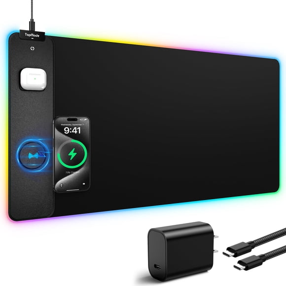 TopMade Tapis de Souris RVB à Recharge Sans Fil, Tapis de Bureau de Jeu Imperméable avec 4 Modes d'Éclairage et 11 Couleurs RVB, 31,5 Pouces X 15,75 Pouces Grand Tapis de Bureau TTG (Inclut 20 W