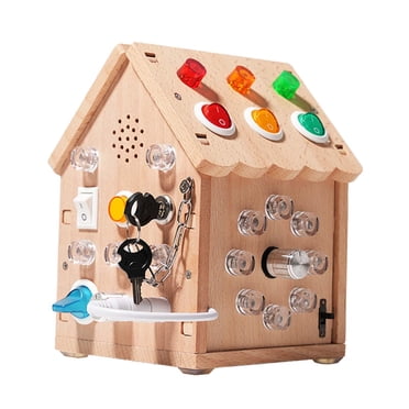 Bunblic Montessori Wooden House Busy Board with Lights Switch Learning Skill Toy Wooden Control Panel for Age 3 + Girls Boys Toddlers