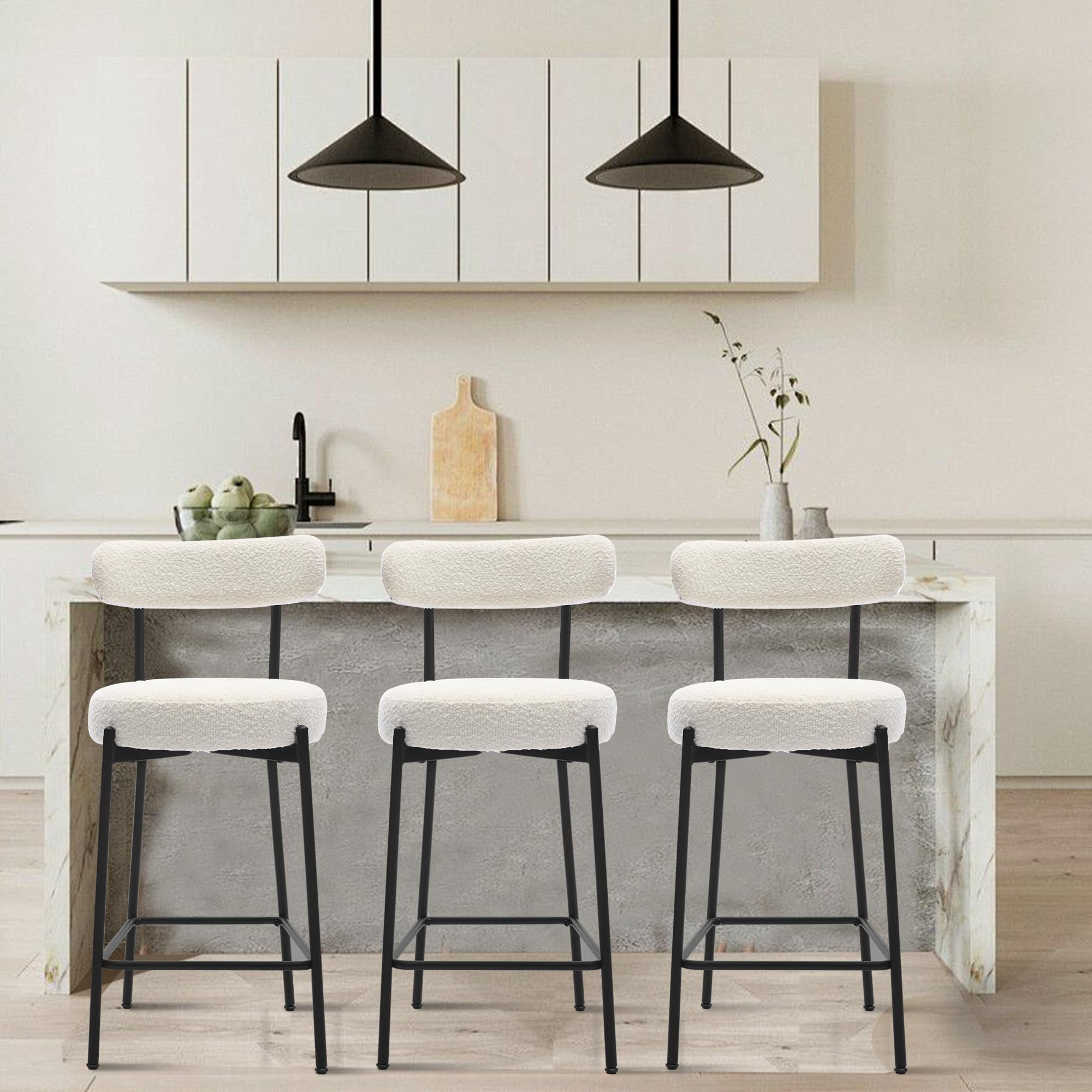 GloryStar 27” Modern Counter Stools Set of 2, Boucle Bar Stools with Back & Pedals & Metal Legs, Upholstered Bar Chairs for Dining Room/Kitchen Island/Bar