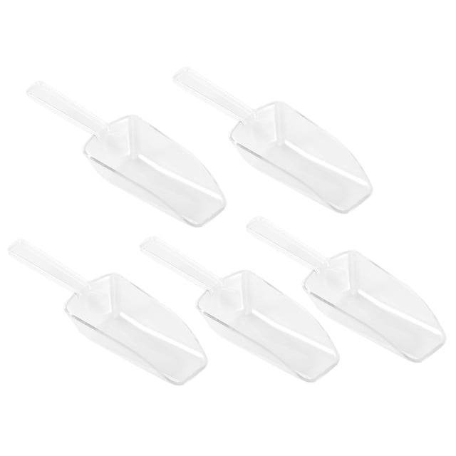 5pcs Mini Clear Plastic Ice Scoop Scoopers for weddings, candy buffets, dessert stations, ice cream, and protein powder. Made of lightweight, durable plastic, each scoop measures approximately 14.61 x 4.45 x 2.54 cm and features a traditional design for easy serving with minimal spillage. Suitable for kitchen utensils and handheld scoops applications.