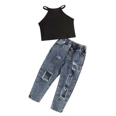 Baby Girl Outfit Sleeveless Ribbed Vest Tops Patchwork Jeans Pants Casual Newborn Girl Clothes Black 2-3 Years
