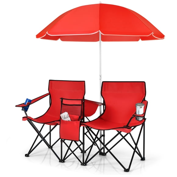 Topbuy Chaise de Camping Double Portable, Causeuse de Pique-Nique Pliante avec Parapluie Amovible et Ajustable, Sac de Transport, Sac Isotherme, Poche Latérale et Porte-Gobelet Rouge