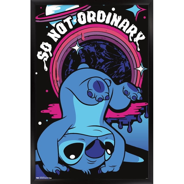 Disney Lilo and Stitch - Ordinary Wall Poster, 22.375" x 34" featuring Stitch upside down with blue fur and large black eyes against a cosmic background with a pink and purple planet ring and white text 'SO NOT ORDINARY' above, printed on glossy paper with vibrant colors and framed in black, ideal for decorating bedrooms, offices, or dorm rooms.