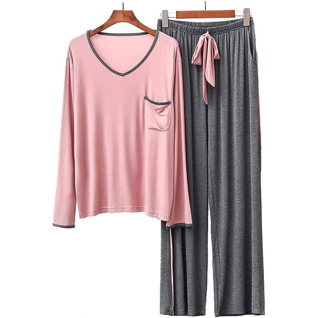 Crescentt Pyjama Modal de Luxe Respirant et Confortable Pyjama Ultra-Doux pour Femmes Ensemble Pyjama Modal Classique à Manches Longues - Haut Rose et Bas Gris, Grand