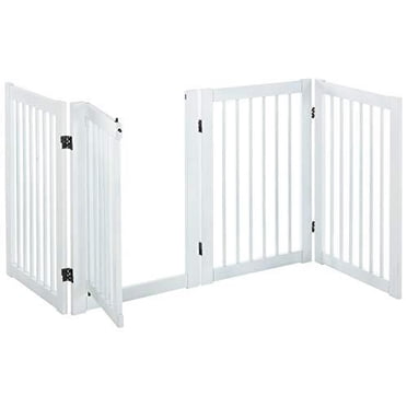 PawHut Barrière pour Animaux Autoportante en Bois, Barrière Intérieure pour Chien, Pliante, à Enjamber, Clôture de Porte, Barrière de Sécurité avec Porte Ouverte, Forme en Z, 4 Panneaux