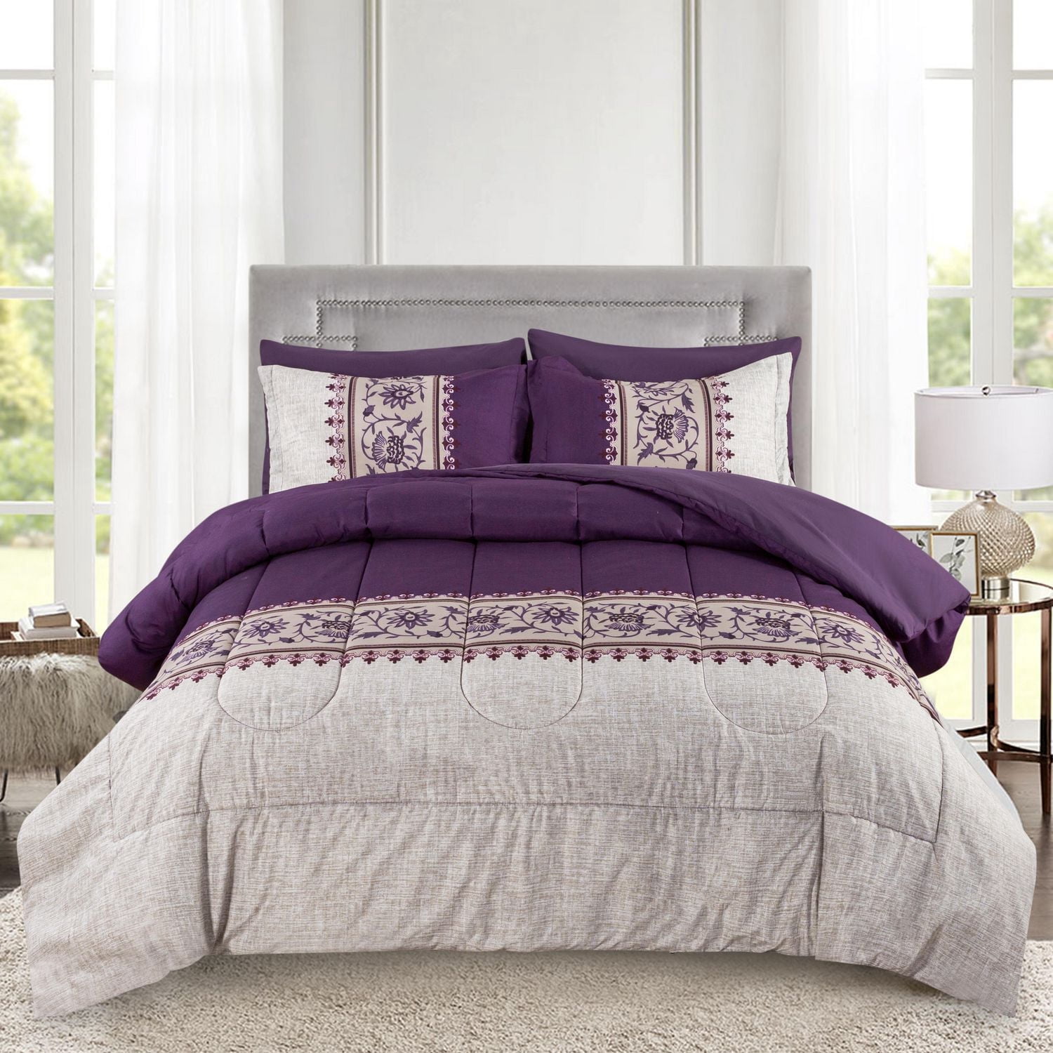 Marina Décoration Literie luxueuse ultra douce en duvet d'oie, alternative au duvet d'oie, richement imprimée, avec draps et motif floral moderne aubergine aster