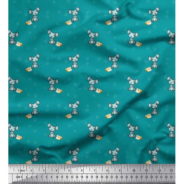 Soimoi Polyester Crepe Fabric Footprint,Cheese & Rat Kids Printed Fabric 1 Yard 42 Inch Wide