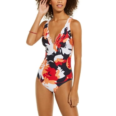 DKNY Maillot de Bain une Pièce à Imprimé Floral Col en V pour Femmes, Marine, 12