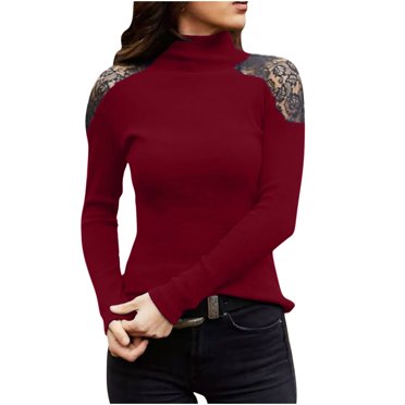 Pompotops Fashion Woman Turtlenenk Lace Long Sleeve T-Shirt Autumn Solid Hollow Out Blouse Tops
