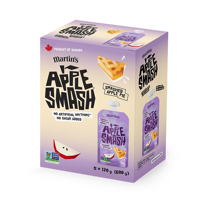 Apple Smash Apple Pie 5pk box with five 120g pouches of smashed apple pie flavored applesauce made from Canadian apples, no artificial ingredients, no added sugar, gluten-free and non-GMO, featuring purple packaging with apple and pie graphics.