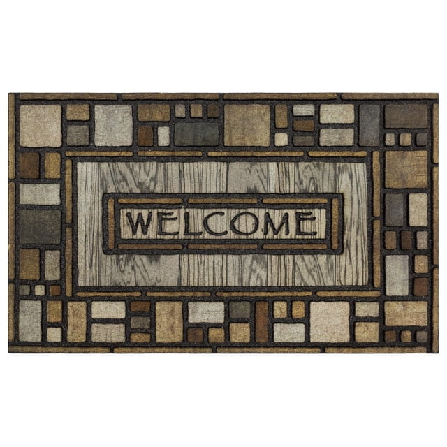 Mohawk Home Drifted Nature Polyester Door Mat 1' 6" X 2' 6" featuring a central wood-grain panel with 'WELCOME' in block letters, bordered by a mosaic of rectangular shapes in earth tones of beige, brown, gray, and tan, made from recycled polyester flock with a recycled rubber backing, suitable for indoor and outdoor entryways and often used as a decorative accent mat.