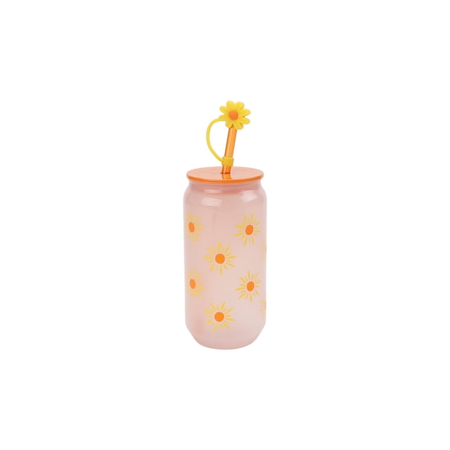 Mainstays Sun Printed Color-Changing Acrylic Sipper Tumbler, 580mL, with a translucent pink acrylic body decorated with yellow sun prints with orange centers. It includes an orange lid and a reusable straw topped with a yellow flower-shaped stopper, suitable for cold beverages and outdoor use.