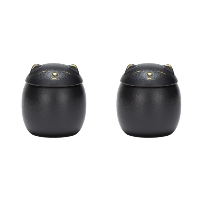 Transemion Portable Moisture-proof Ceramic Tea Jar Large Capacity And Cute Sturdy And Durable Ceramics Cat Form Ceramic Tea Jars black 500ml 2Set
