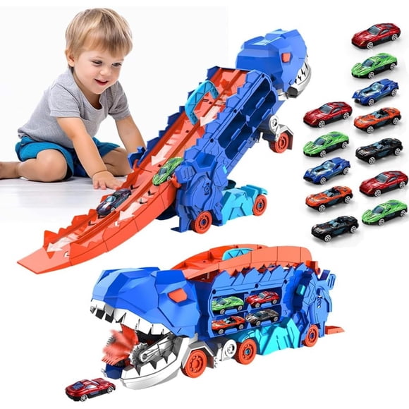 B-Qtech Camion Dinosaur Transformable 15-en-1 avec 12 Voitures de Course et Ensemble de Piste, Ensemble de Jouets de Voiture Cadeau pour Enfants Garçons Filles