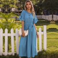 thumbnail image 4 of Drppepioner Robe d'Été pour Femme à Manches Courtes, Robe T-Shirt Décontractée 2024 Fluide de Plage à Col en V, Robes Soleil avec Poches, Mode Femme, Automne, Robe à Boutons à Manches Courtes à Col Rond, Bleu, 4 of 5