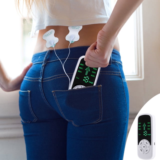 Electronic Muscle Massager with 4 Pads, featuring 6 modes and a compact design, shown in use on a person's lower back. The device is pocket-sized and connected to reusable electrode pads placed on the back. The massager's screen displays mode and strength settings, emphasizing its portability and functionality for pain relief in areas like the back, neck, shoulders, and legs.