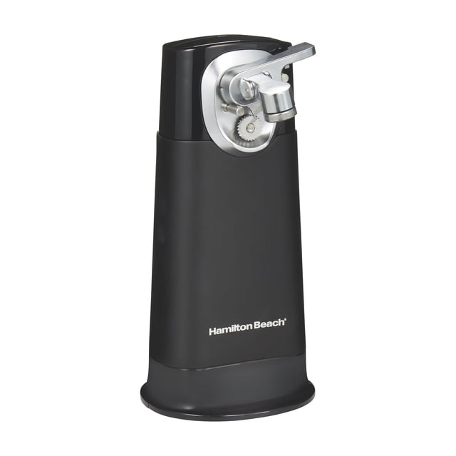 Hamilton Beach FlexCut™ Electric Can Opener in black plastic with metal finish, cordless and rechargeable with detachable cutting head, magnetic lid holder, and built-in cord storage, opens cans from 6 oz to 120 oz for hands-free countertop use.