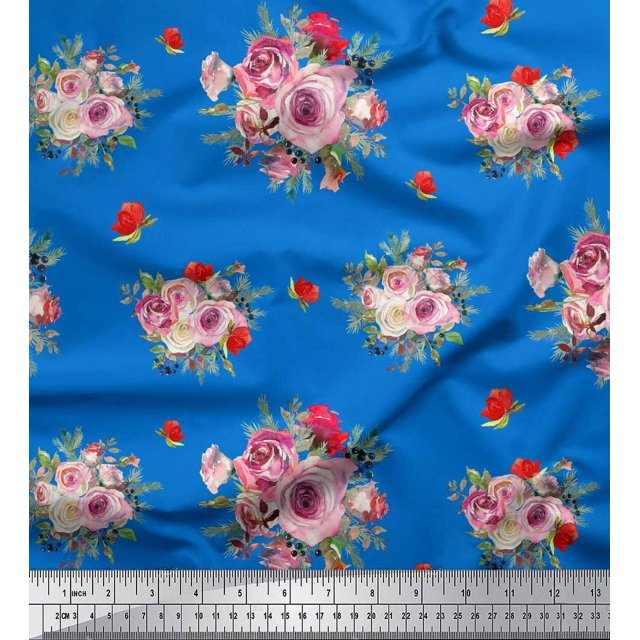 Soimoi Tissu Crêpe polyester Bleu Imprimé Feuilles d'Épices & Roses par Yard 42 Pouces de Large