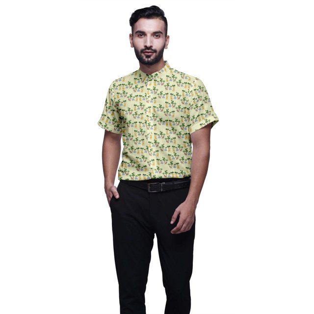 BESTMAN Chemise en Coton pour Hommes à Manches Courtes Imprimée Col Mandarin Chemise Décontractée
