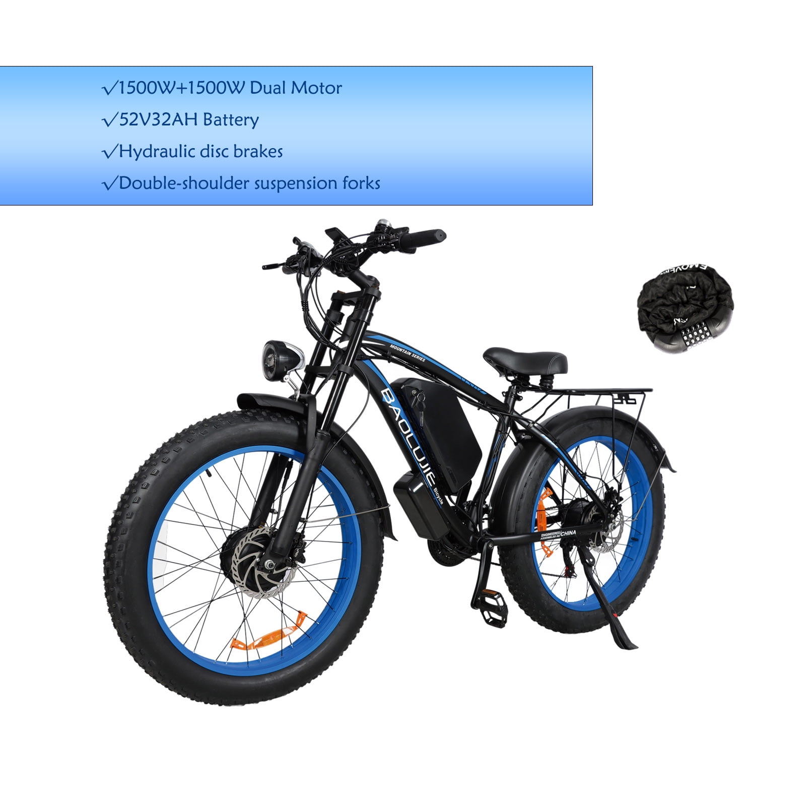 52V3000W Adult Electric Bike, Dual Motor Electric Bike with 32Ah Removable Battery and USB Port, Hydraulic Disc Brake, 26*4" Fat Tire Electric Bike for All Terrain