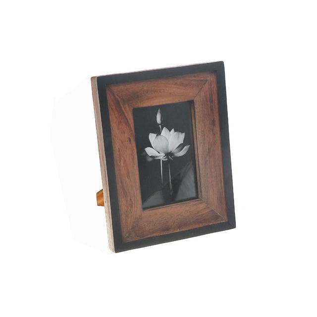 4X6 Black & Natural Finish Photo Frame with natural wood grain and black border, displaying a black and white lotus flower photo, angled slightly on a white background, ideal for tabletop use in modern home décor.