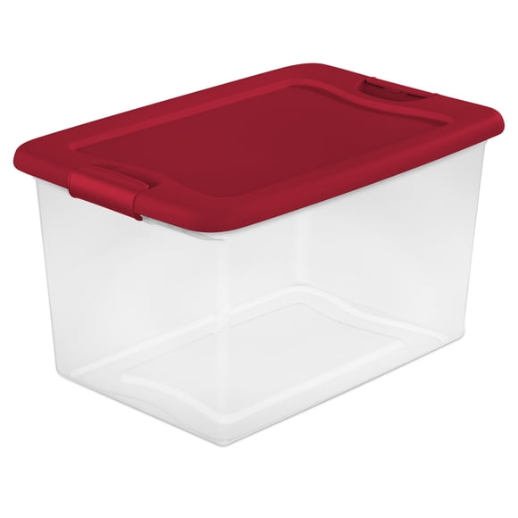 Sterilite 61 L Latching Box, Clear Plastic Storage Bin with Lid, Ideal for Holiday Linens, Décor, Keepsakes and More, Red