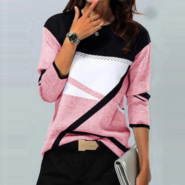 Jsaierl 2024 Automne Hauts à Manches Longues pour Femmes Col Rond Confortables T-Shirts Graphiques Géométriques Tendance Chemises Amples Décontractées Habillées Blouses de Travail