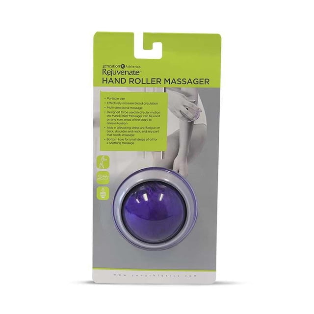 Zenzation Hand Roller Massager in purple with circular design, packaged on a green and gray card with instructions. Designed for multi-directional deep tissue massage to relieve muscle tension and improve blood circulation, suitable for back, neck, shoulders, and other sore areas.