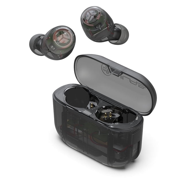 JLab Go Pop+ True Wireless Earbuds in a clear design, featuring Bluetooth 5.3 connectivity, dual connect functionality, and IPX4 water resistance. The image shows the compact charging case with an integrated USB-C cable and two earbuds, highlighting their transparent casing and internal components. These earbuds offer up to 35+ hours of total playtime, customizable sound via the JLab app, and Be Aware mode for ambient noise awareness. The slim case is smaller than a credit card, making it highly portable.