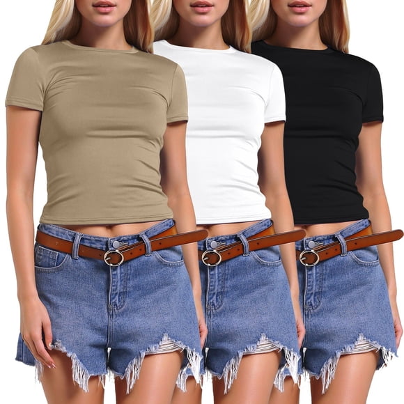Women's Basic Slim Fit Crop Tops 3 Piece Short Sleeve Shirts Casual Going Out Tees Comfortable Stylish Summer T-Shirts 3PCS