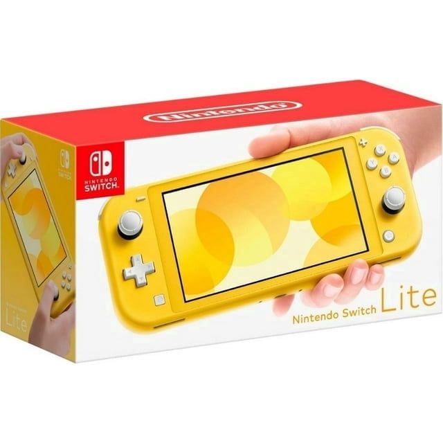 Nintendo Switch Lite Console, Yellow - International Spec (Functional in US) (Refurbished). A compact handheld gaming console with a sleek unibody design, built-in +Control Pad, and integrated controls. The console is shown in its original packaging, featuring a vibrant yellow color and a display with abstract yellow circles. Compatible with popular Nintendo Switch games and optimized for personal, on-the-go gaming. Packaging highlights its portability and multiplayer capabilities.