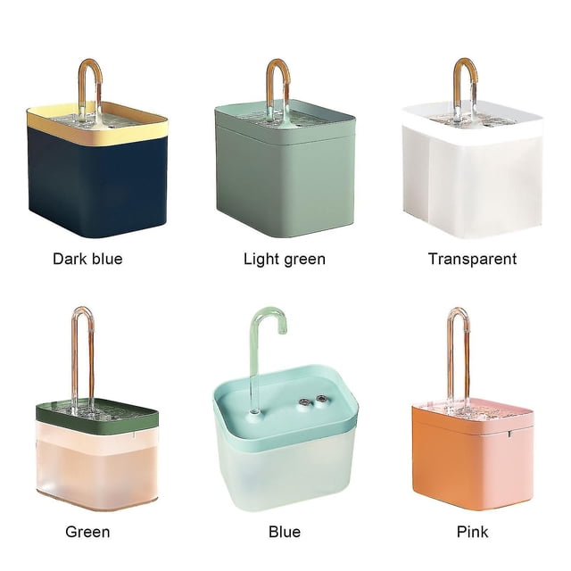 Cat Water Fountain - Automatic Pet Water Fountain with a 1.5 L capacity, available in dark blue, light green, transparent, green, blue, and pink. Designed with a faucet-like water outlet and adjustable water flow to encourage pet hydration. Made of eco-friendly, non-toxic plastic with a quiet 2.5W pump, ideal for cats and dogs.