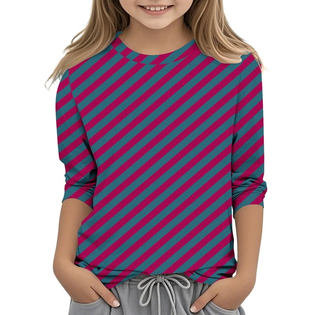 MeetoTime T-Shirt à Manches 3/4 Rayé Imprimé pour Enfants Col Rond Décontracté Ample Blouses pour Garçons Filles 3-12 Ans