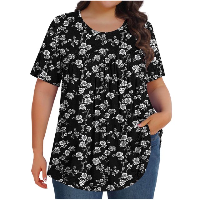 Pisexur Hauts de Printemps pour Femmes Blouses pour Femmes Chic Décontracté Mode pour Femmes Imprimé Col Rond Manches Courtes Plissé Ample Haut Multicolore,5TG