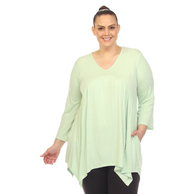 White Mark Tunique à Manches 3/4 pour Femmes, Taille Empire, Col en V
