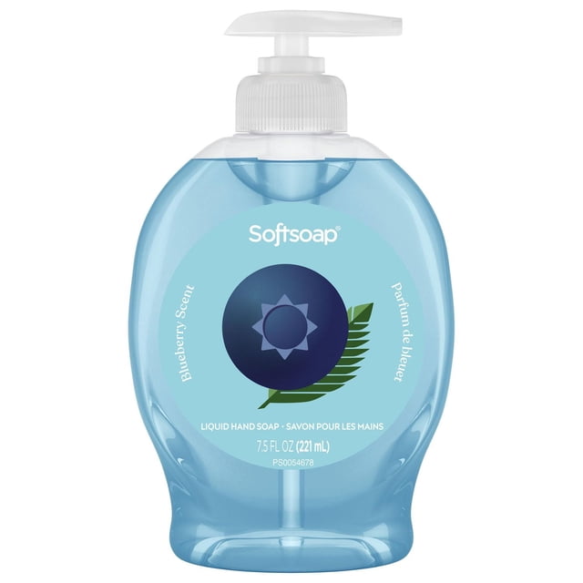 Softsoap Limited Edition Blueberry Liquid Hand Soap, 221ml pump bottle with translucent blue soap and white pump, featuring a blueberry graphic and bilingual label, suitable for moisturizing hand care in kitchen or bathroom.