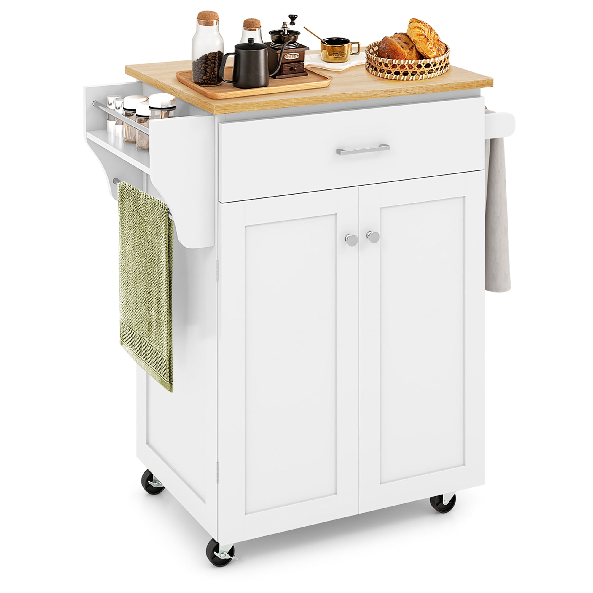 Gymax Kitchen Island on Wheels Rolling Kitchen Cart w/ Drawer & Storage Cabinet Spice Rack