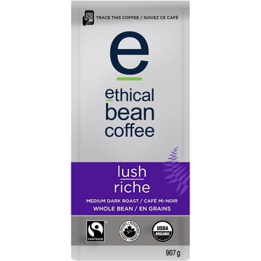 Ethical Bean Lush Medium Dark Roast Fairtrade Organic Whole Bean Coffee, 907g Bag