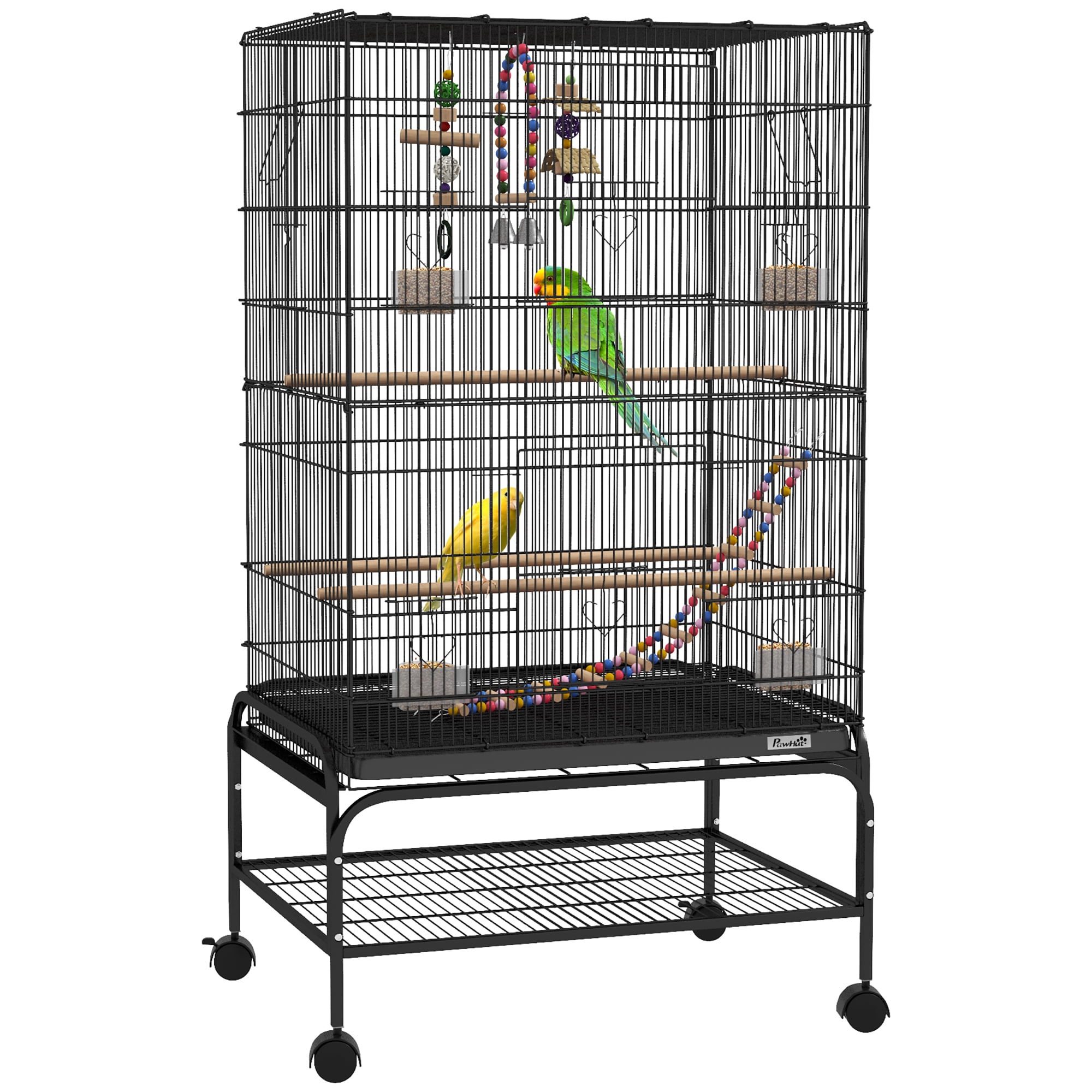 PawHut Bird Cage with Rolling Stand, Toys, for Budgies Canaries